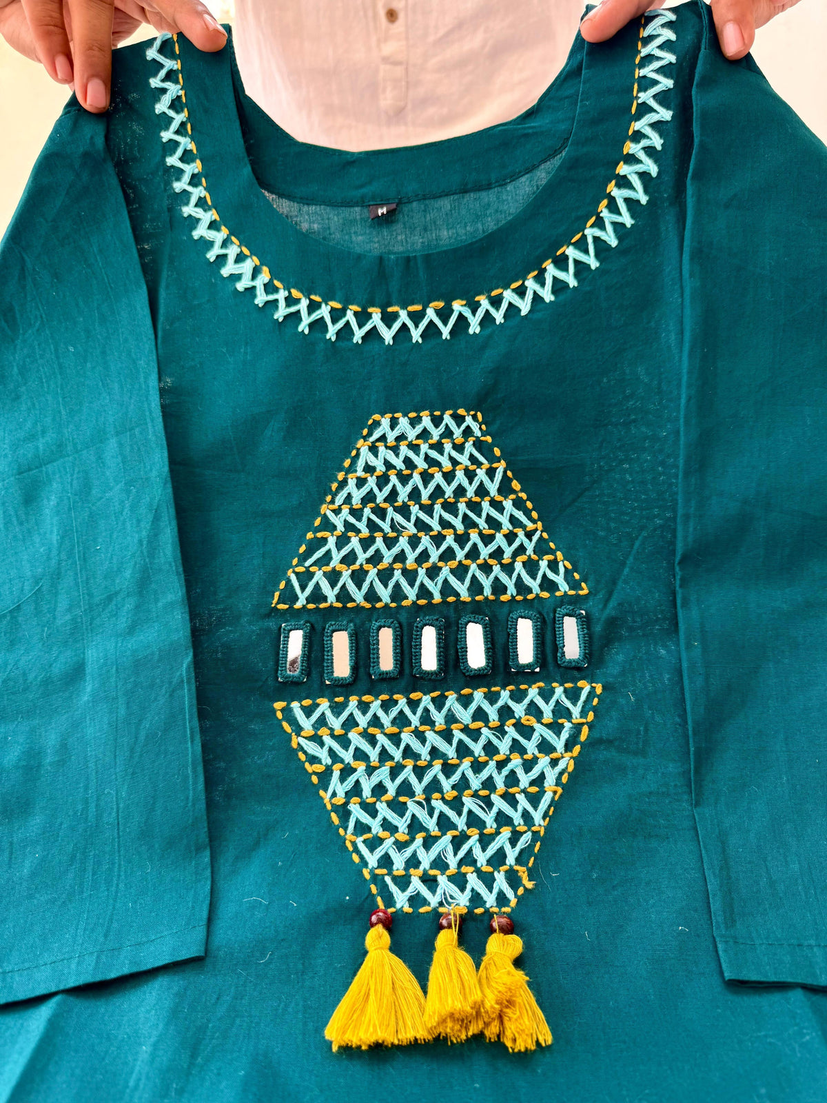 Teal Cotton A-Line Kurti Pant Set with Handwork for Women
