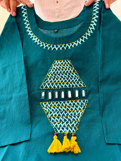 Teal Cotton A-Line Kurti Pant Set with Handwork for Women