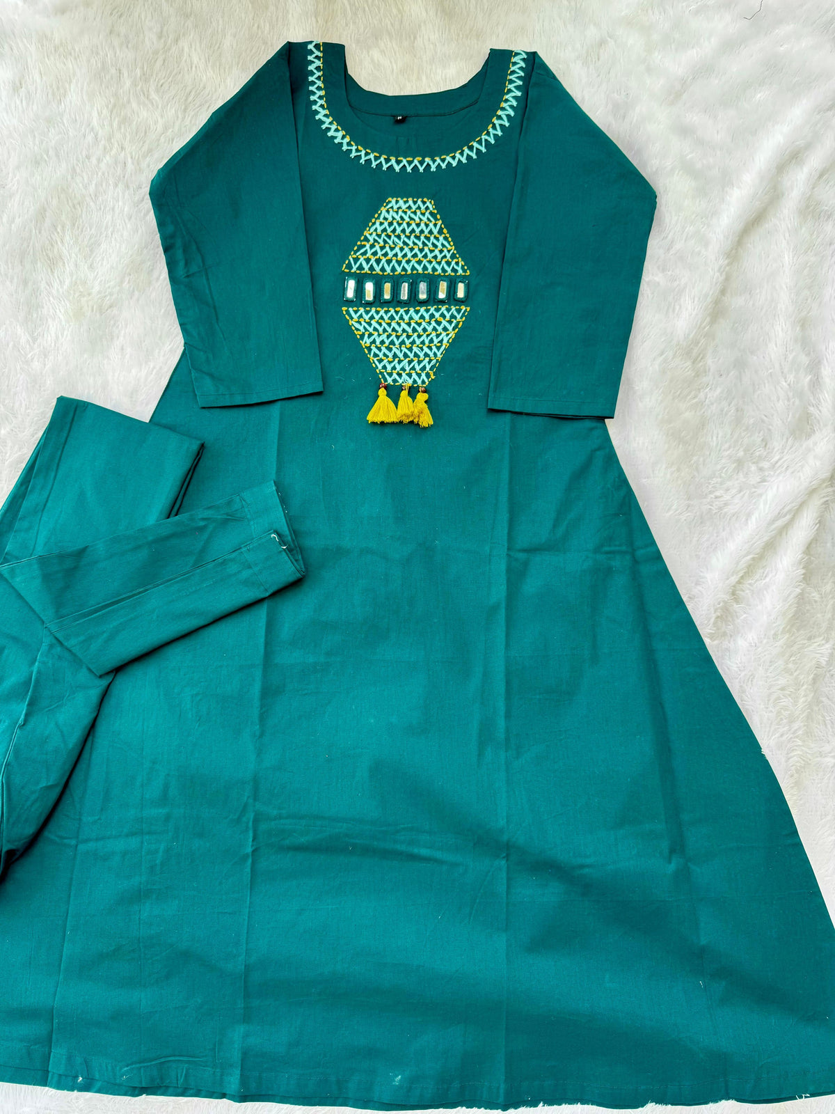 Teal Cotton A-Line Kurti Pant Set with Handwork for Women