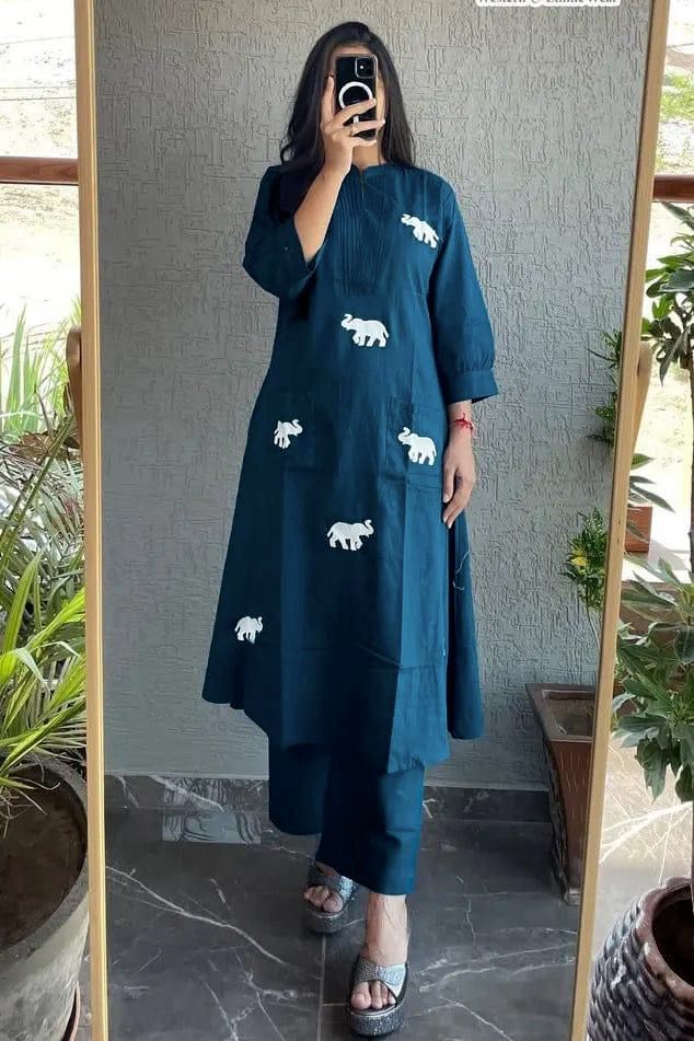 Stylish Teal Elephant Embroidery Rayon Kurti Pant Set