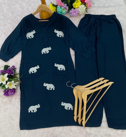 Stylish Teal Elephant Embroidery Rayon Kurti Pant Set for Women