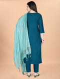 Teal Embroidered Cotton Blend Kurta Dupatta Set Women