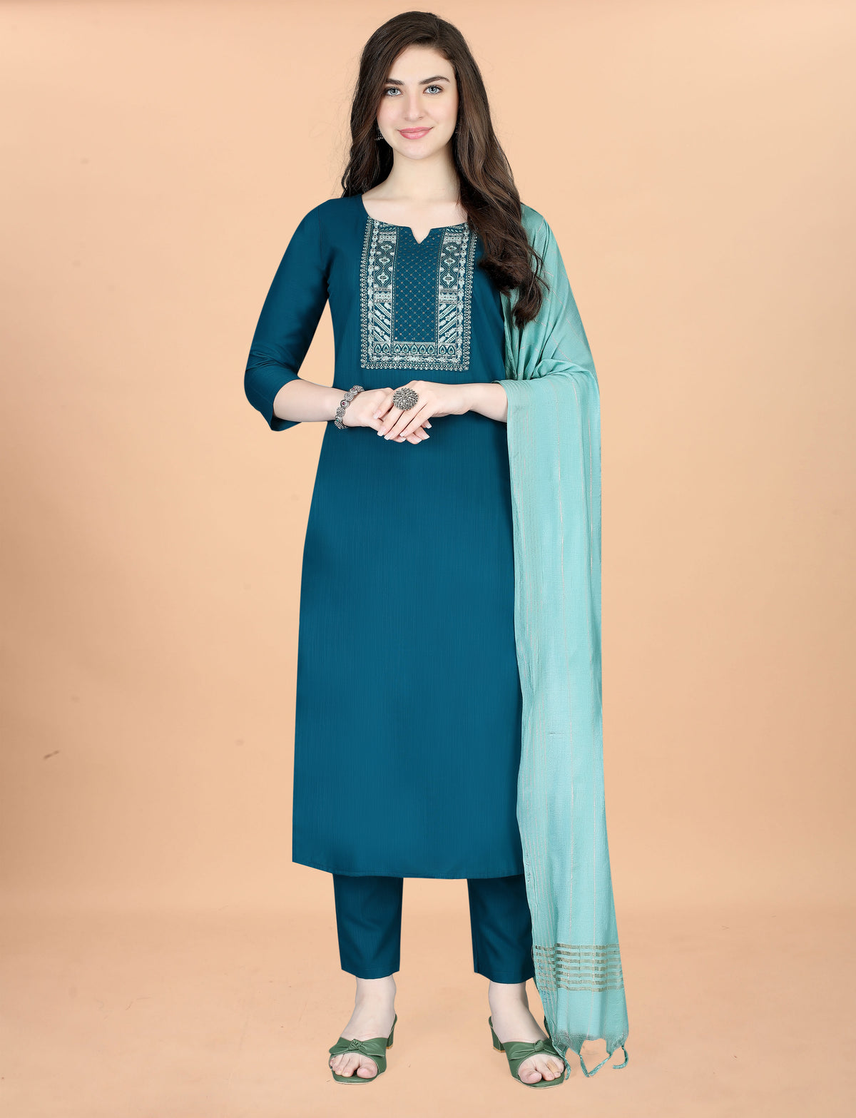 Teal Embroidered Cotton Blend Kurta Dupatta Set Women for Women