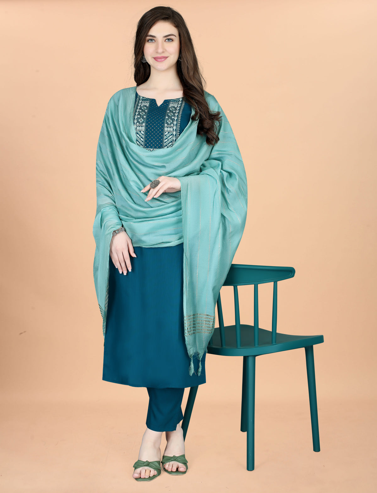 Teal Embroidered Cotton Blend Kurta Dupatta Set Women for Women