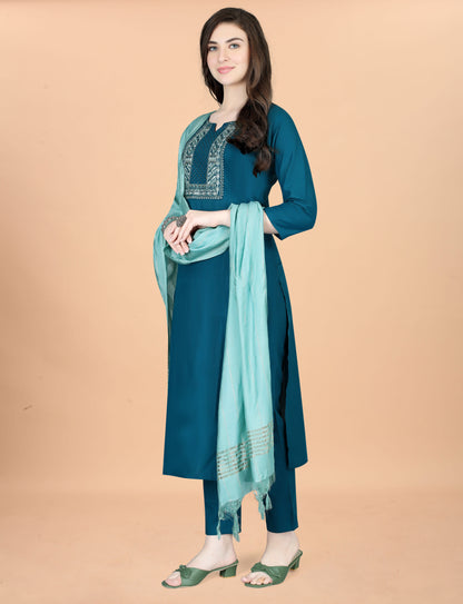 Teal Embroidered Cotton Blend Kurta Dupatta Set Women for Women