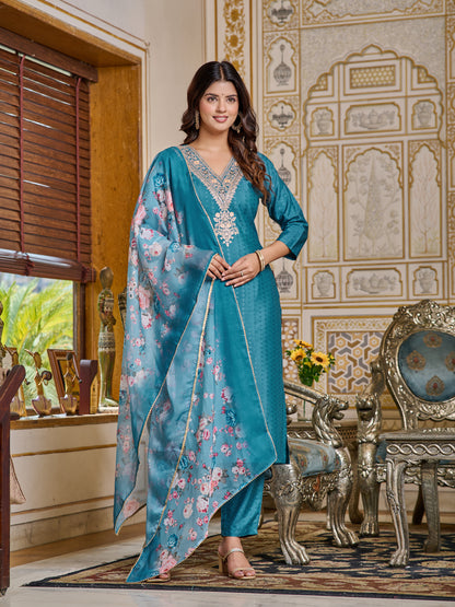 Teal Embroidered Rayon Kurti Set for Women