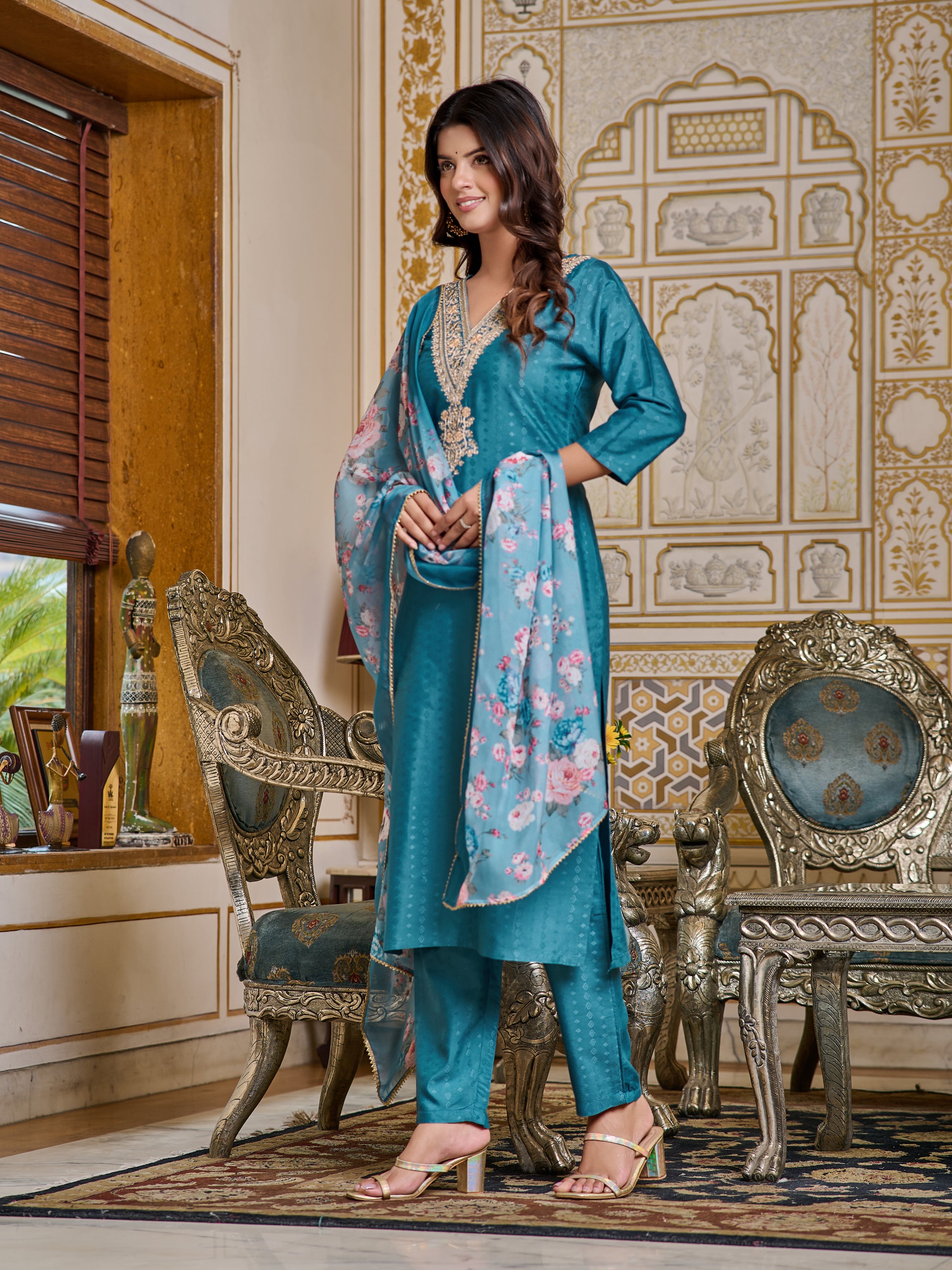 Teal Embroidered Rayon Kurti Set