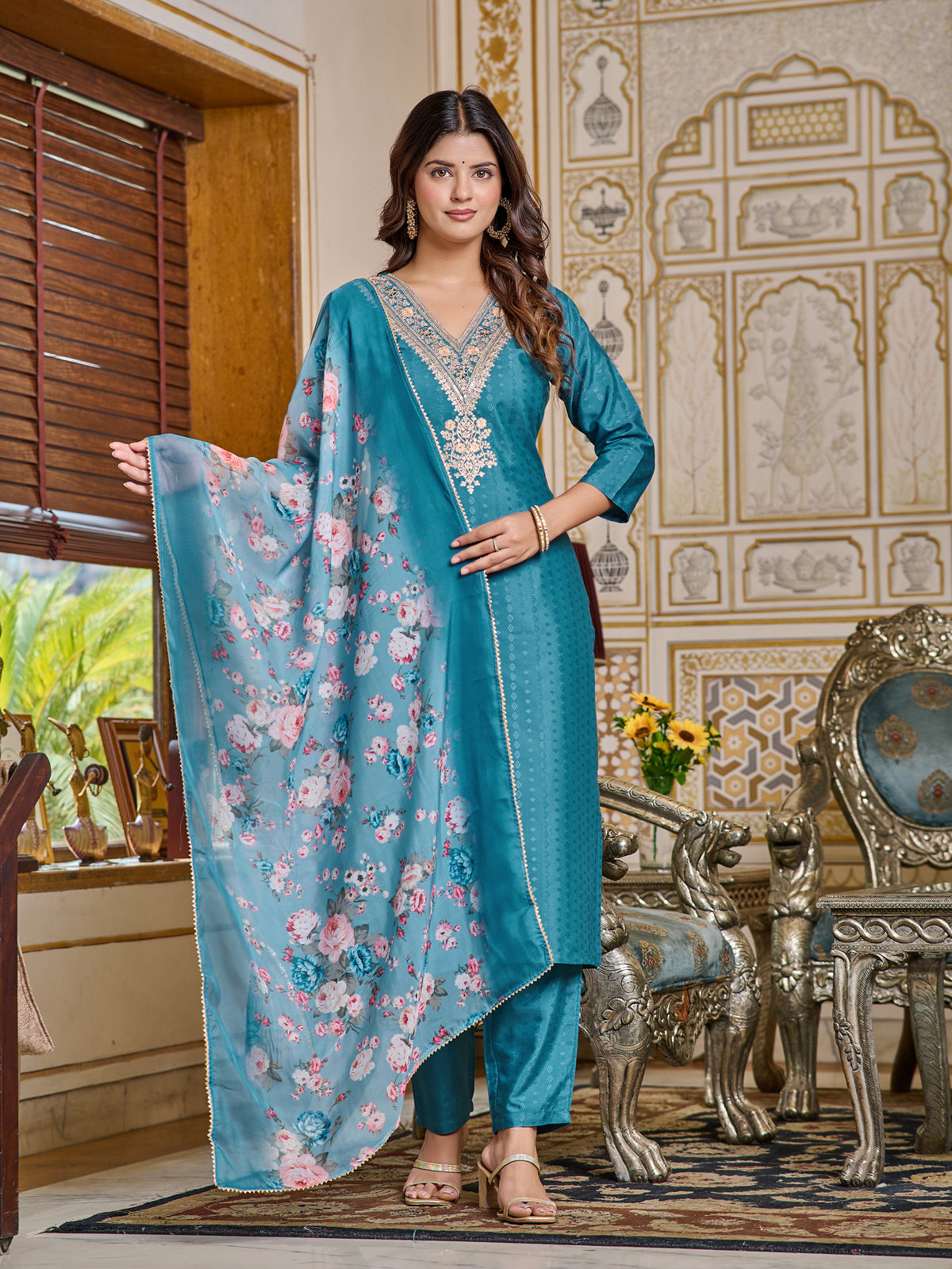 Teal Embroidered Rayon Kurti Set for Women