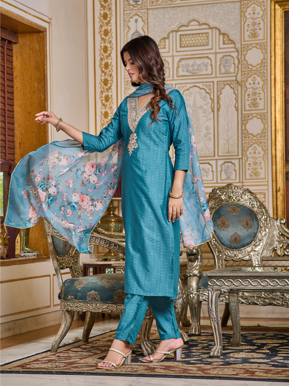 Teal Embroidered Rayon Kurti Set for Women