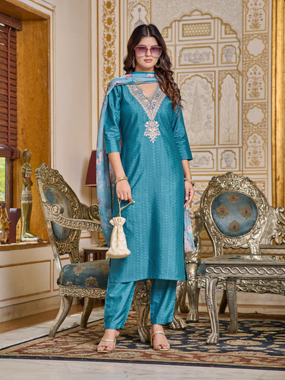 Teal Embroidered Rayon Kurti Set for Women