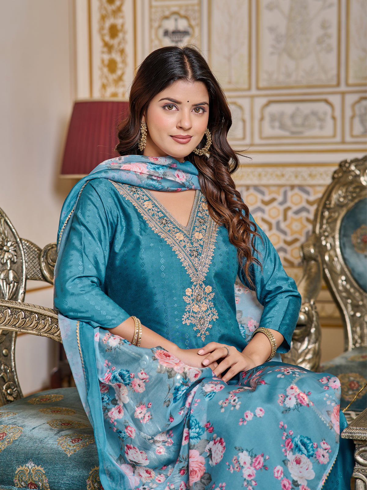Teal Embroidered Rayon Kurti Set for Women