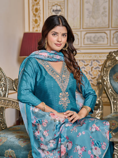 Teal Embroidered Rayon Kurti Set for Women