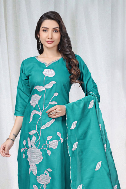 Teal Embroidered Cotton Kurta Pant Set for Women