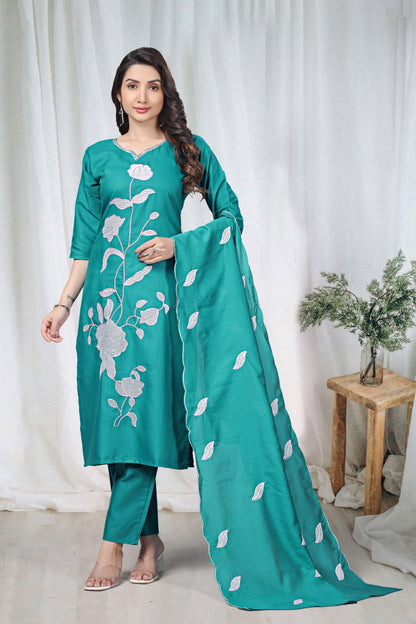 Teal Embroidered Cotton Kurta Pant Set for Women