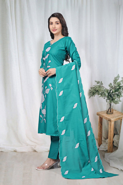 Teal Embroidered Cotton Kurta Pant Set for Women