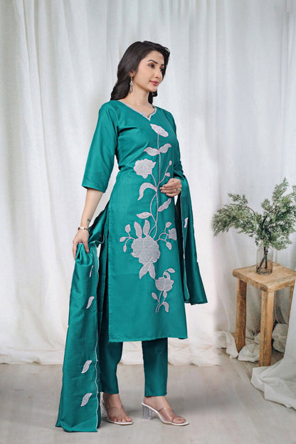 Teal Embroidered Cotton Kurta Pant Set for Women