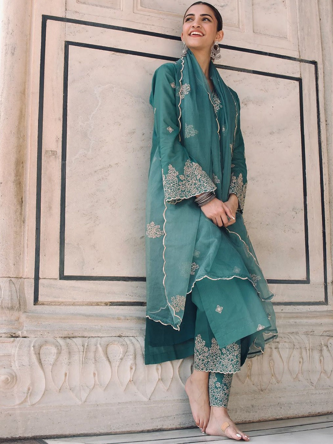 Teal Embroidered Rayon Straight Kurta Set with Organza Dupatta