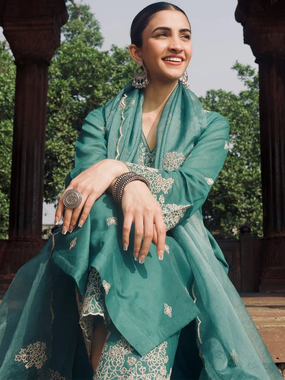 Teal Embroidered Rayon Straight Kurta Set with Organza Dupatta