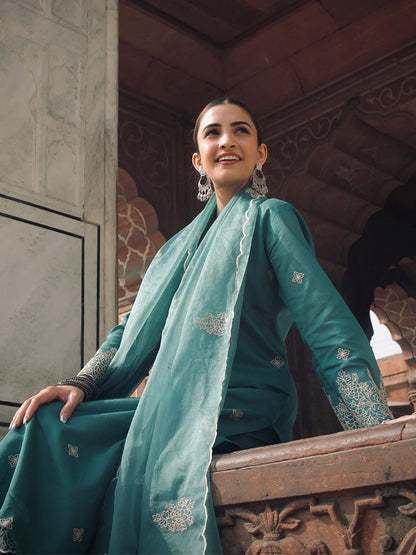 Teal Embroidered Rayon Straight Kurta Set with Organza Dupatta