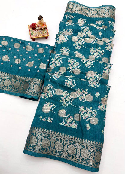 Teal Ethnic Dola Silk Saree With Elegant Jacquard Border for Women