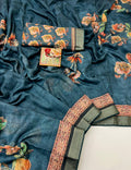 Teal Floral Cotton Digital Print Saree With Work Blouse