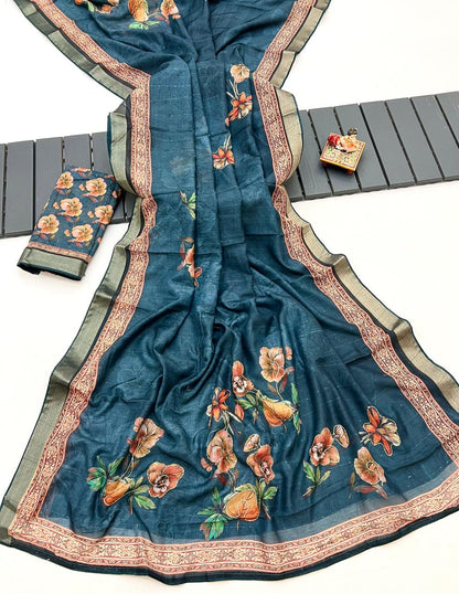 Teal Floral Cotton Digital Print Saree With Work Blouse for Women