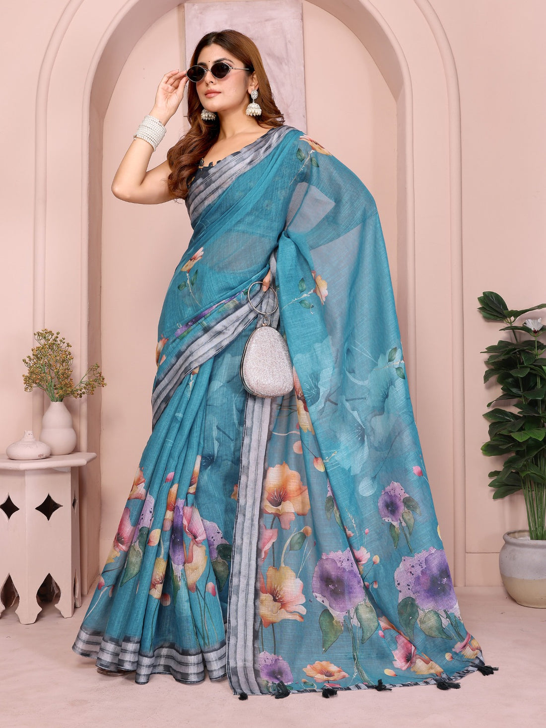 Teal Floral Linen Cotton Saree with Tassel Pallu for Women