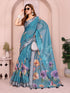 Teal Floral Linen Cotton Saree with Tassel Pallu for Women