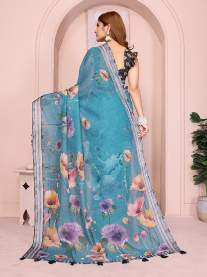 Teal Floral Linen Cotton Saree with Tassel Pallu for Women