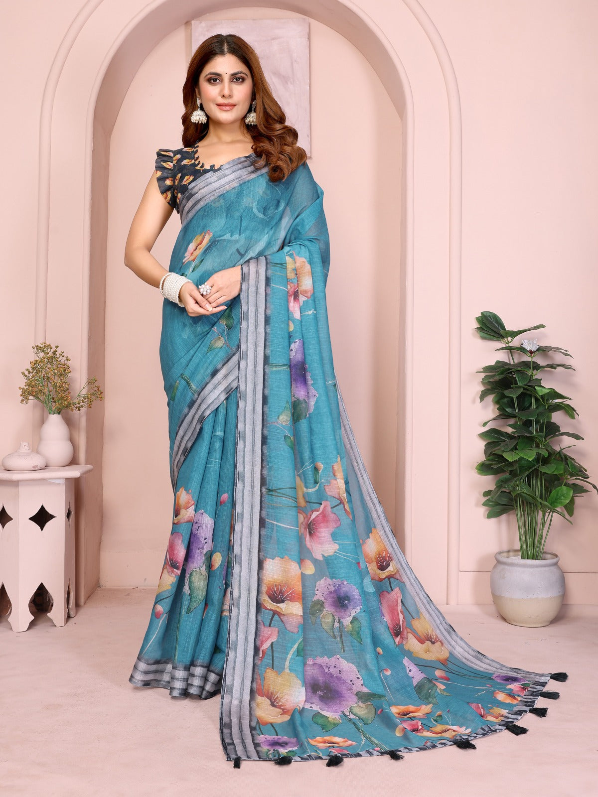 Teal Floral Linen Cotton Saree with Tassel Pallu for Women