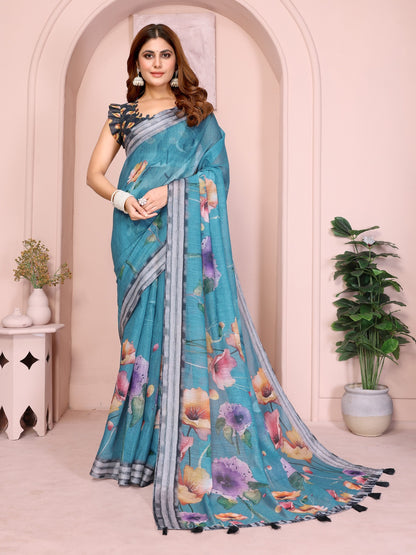 Teal Floral Linen Cotton Saree with Tassel Pallu for Women