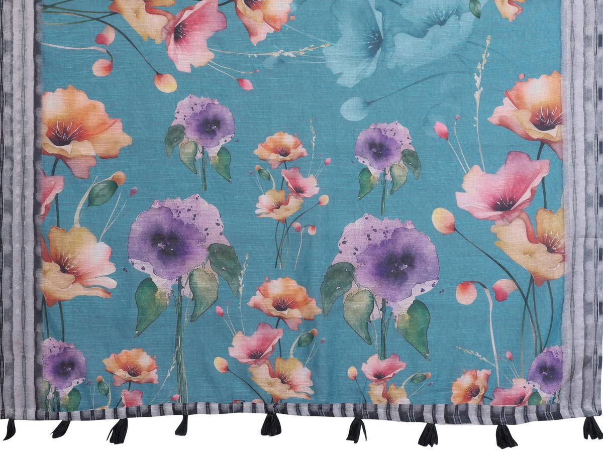 Teal Floral Linen Cotton Saree with Tassel Pallu for Women