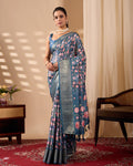 Teal Floral Lichi Silk Saree with Zari Border