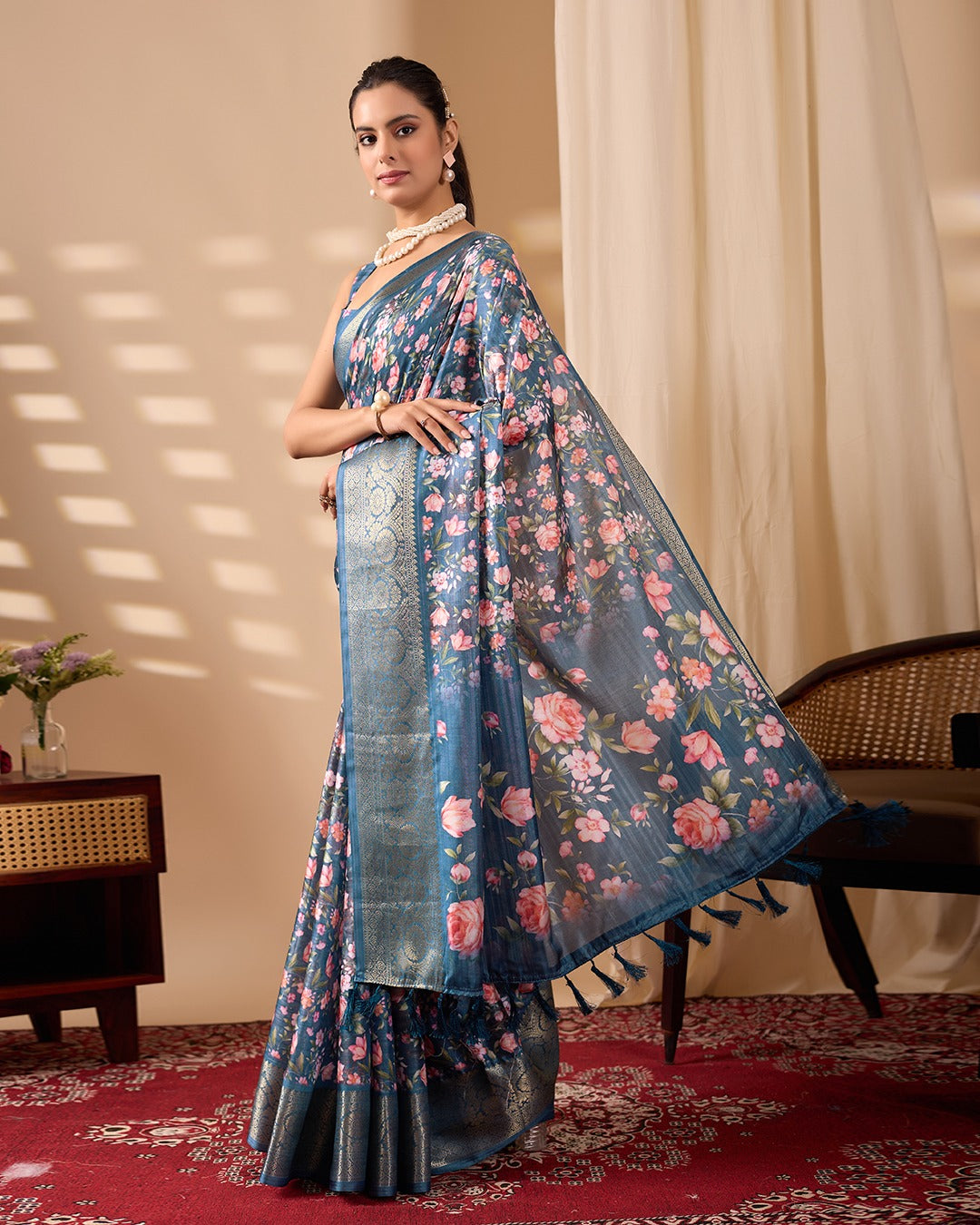 Teal Floral Lichi Silk Saree with Zari Border