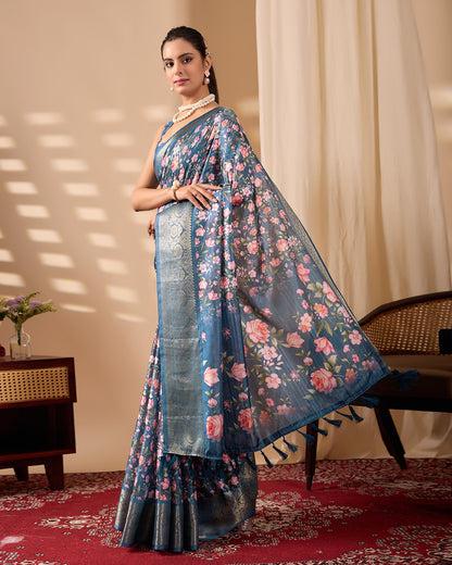Teal Floral Lichi Silk Saree with Zari Border for Women