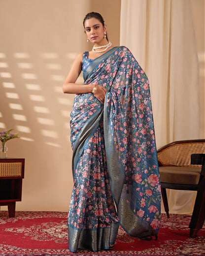 Teal Floral Lichi Silk Saree with Zari Border for Women