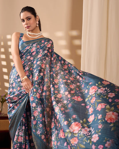 Teal Floral Lichi Silk Saree with Zari Border for Women
