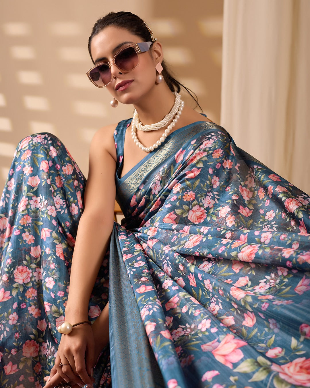 Teal Floral Lichi Silk Saree with Zari Border for Women