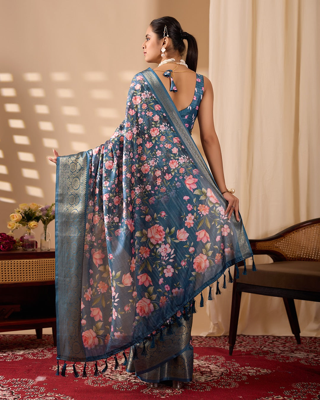 Teal Floral Lichi Silk Saree with Zari Border for Women