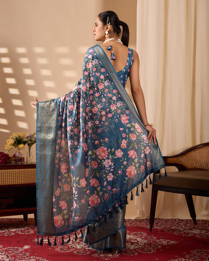 Teal Floral Lichi Silk Saree with Zari Border for Women