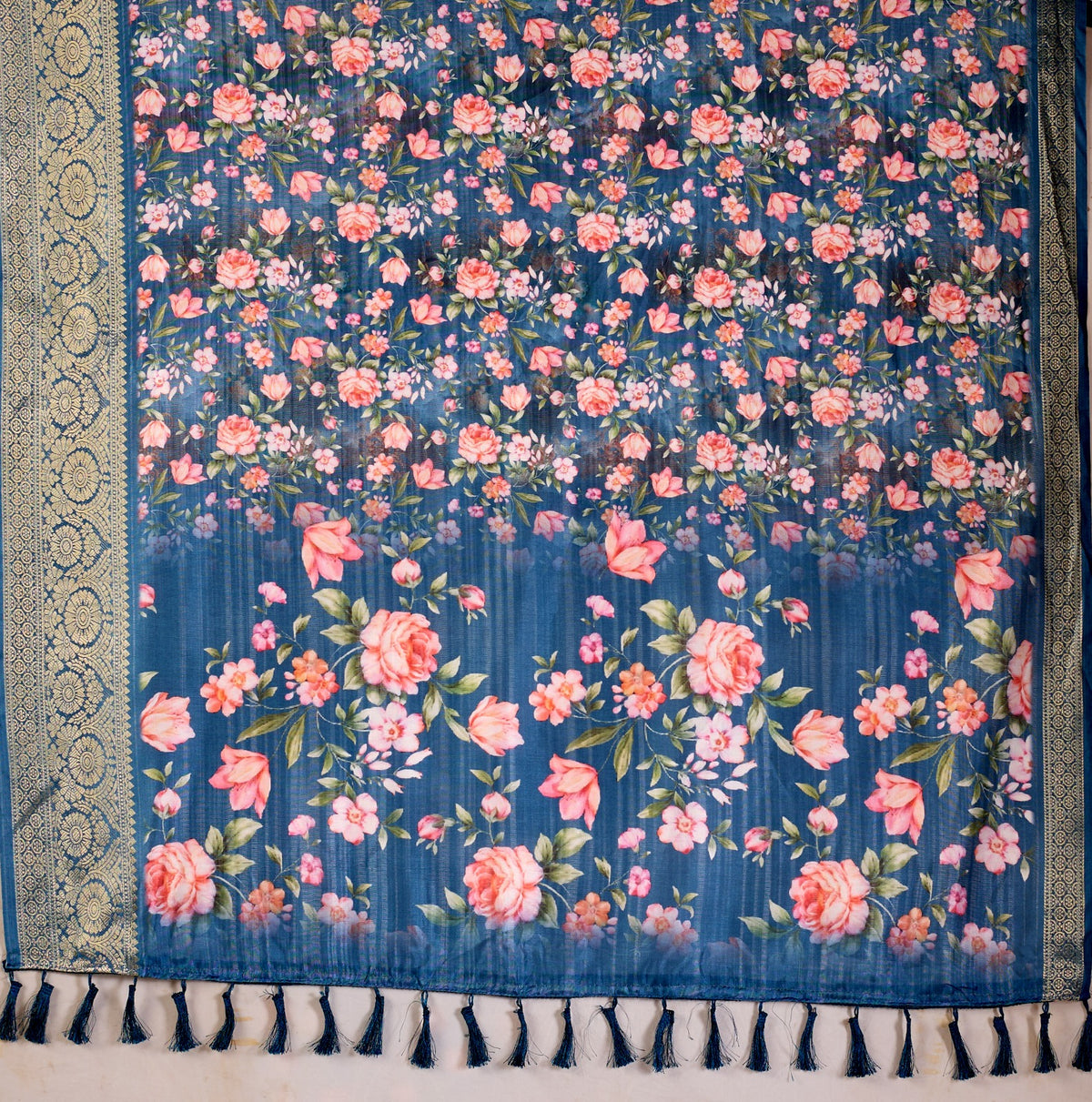 Teal Floral Lichi Silk Saree with Zari Border for Women