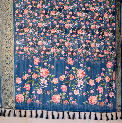 Teal Floral Lichi Silk Saree with Zari Border for Women