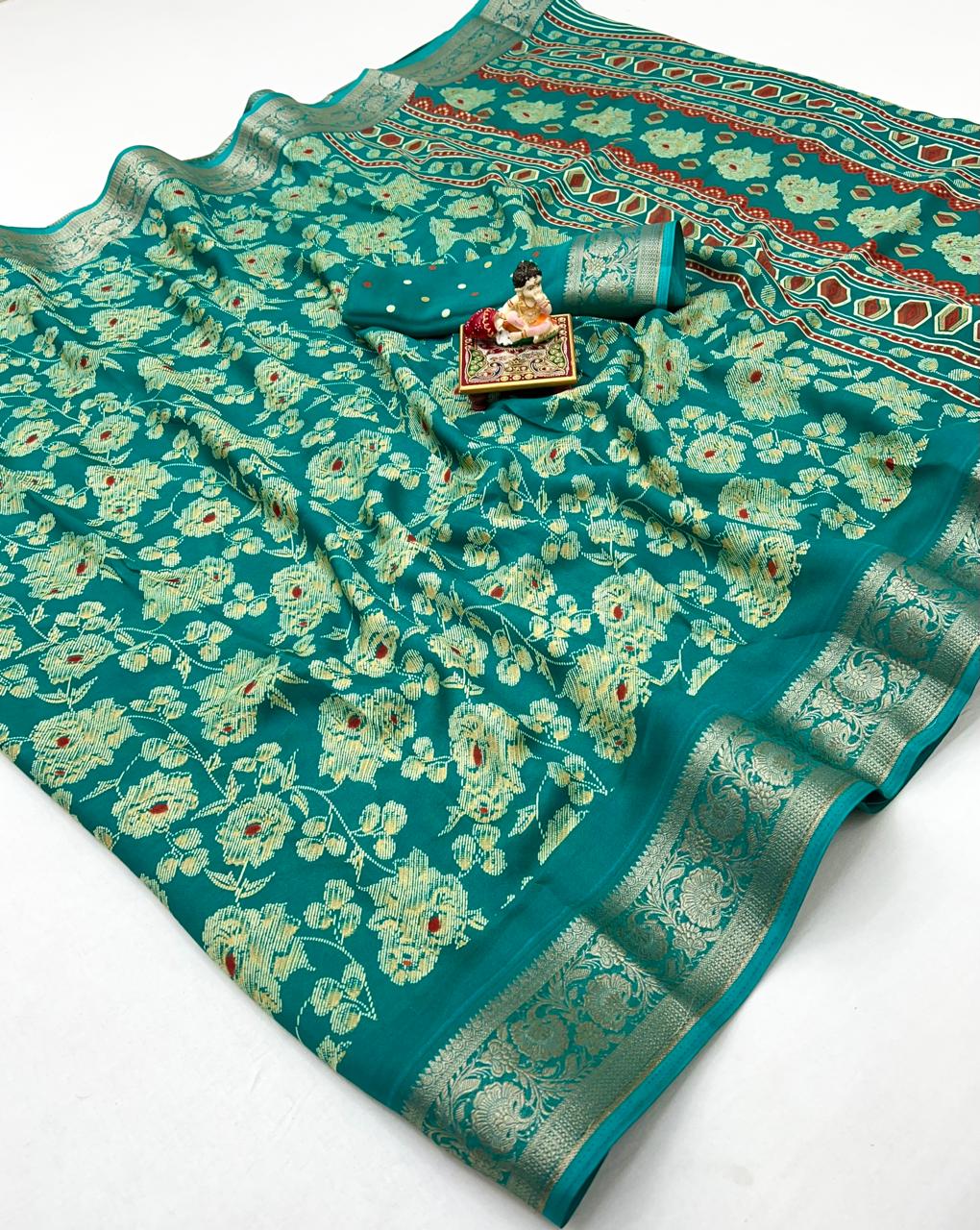 Teal Floral Moss Georgette Saree With Zari Border for Women