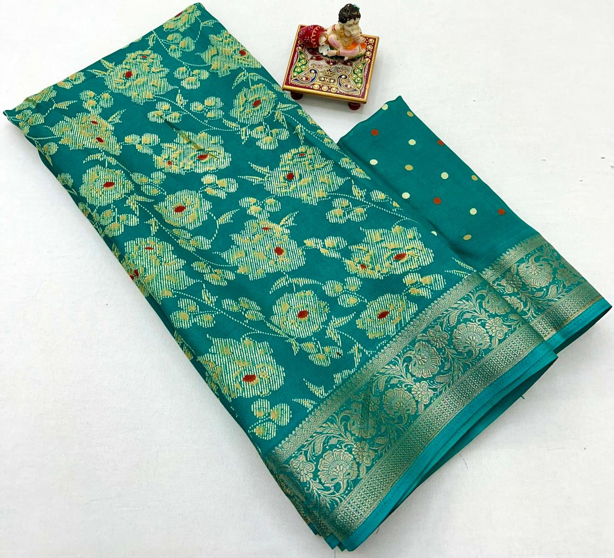 Teal Floral Moss Georgette Saree With Zari Border for Women