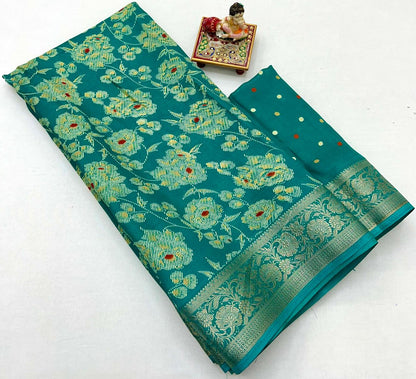 Teal Floral Moss Georgette Saree With Zari Border for Women