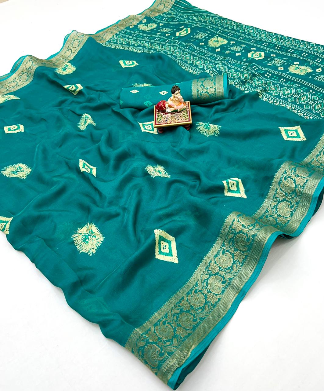 Teal Moss Mellow Georgette Zari Border Saree for Women