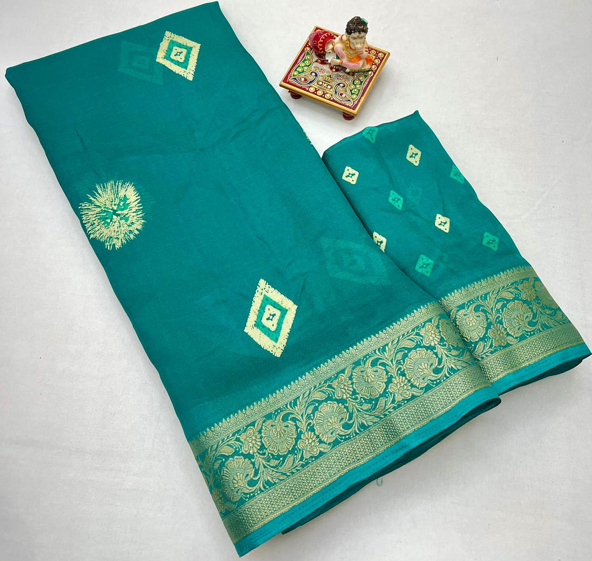 Teal Moss Mellow Georgette Zari Border Saree for Women