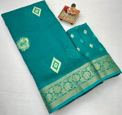 Teal Moss Mellow Georgette Zari Border Saree for Women