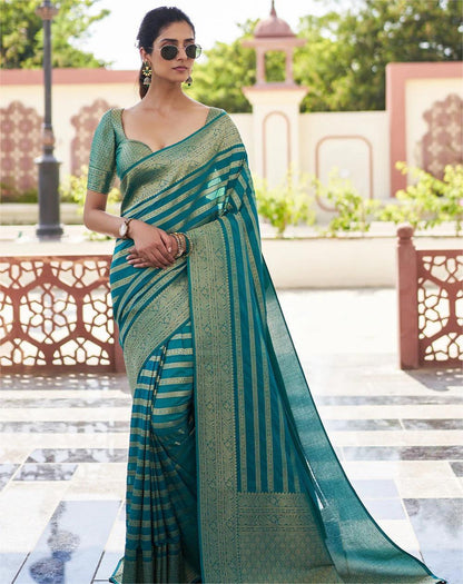 Teal Green Banarasi Soft Lichi Silk Saree with Zari Work for Women