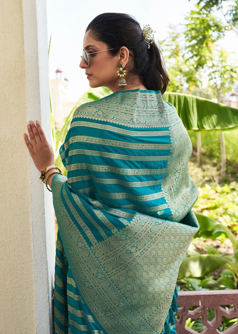 Teal Green Banarasi Soft Lichi Silk Saree with Zari Work for Women